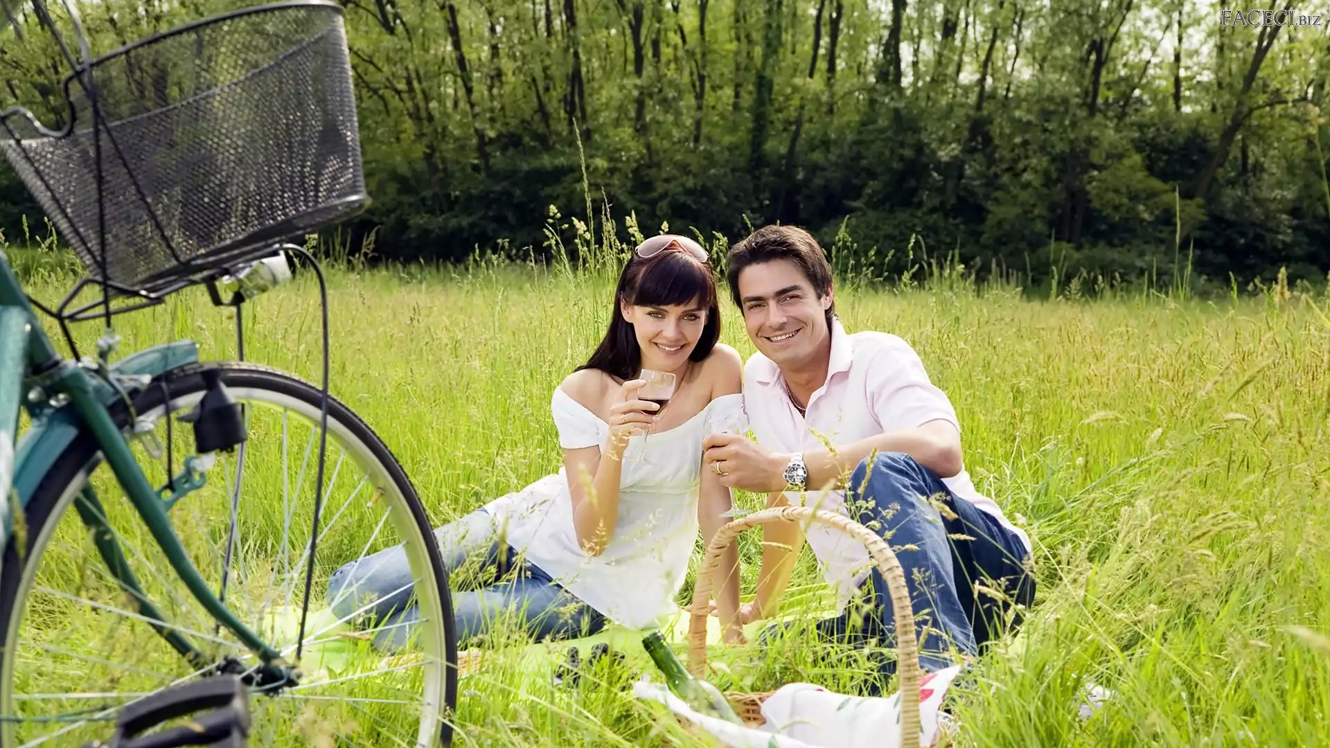 Rower, Łąka, Mężczyzna, Kobieta, Piknik